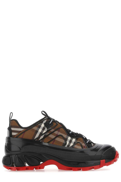 Burberry New Arthur Check Print Leather Sneakers In Brown