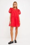 English Factory Gridded Puff Sleeve Dress In Red
