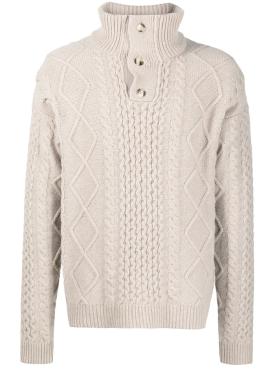 Nanushka Button-collar Cable-knit Jumper In Neutrals