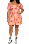 Bp. Shirred Puff Sleeve Cotton Prairie Dress In Coral Alyssa Groove Floral