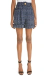 Balmain Cotton Blend Tweed Denim Mini Shorts In Multi-blue