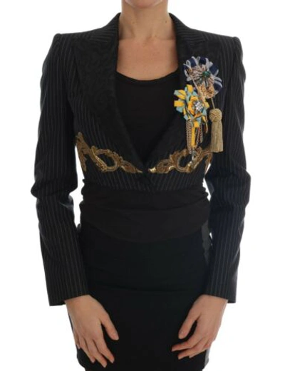 Pre-owned Dolce & Gabbana Dolce&gabbana Women Black Blazer Cotton Blend Crystals Embroidery Cropped Jacket