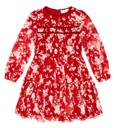 Monnalisa Kids' Floral Printed Georgette Dress In Rubino Panna