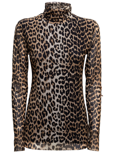 Ganni Womans High Neck Recycled Animalier Fabric Sweater In Marrone