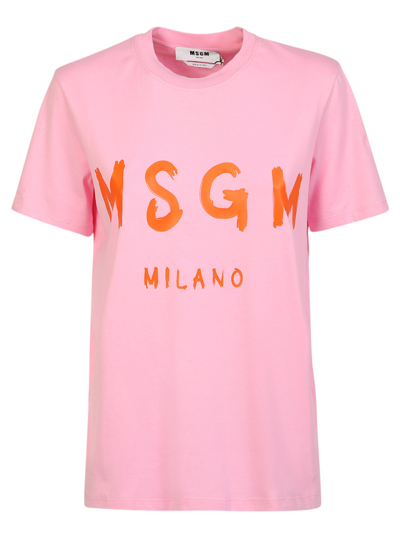 Msgm T-shirt With A Basic Line With Brushed Logo In Pink