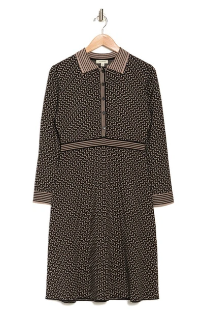 Maxstudio Collared Sweater Dress In Black/ Taupe Tire Tracks