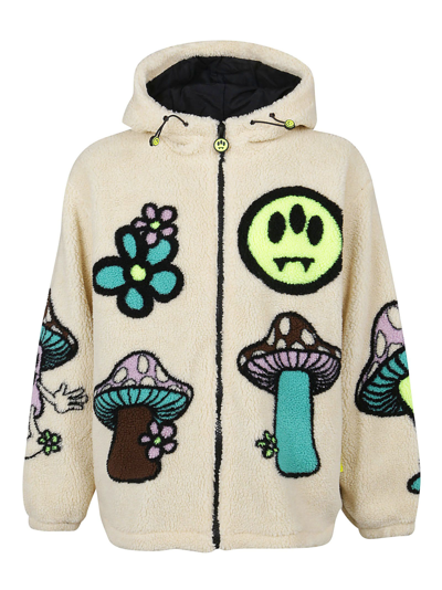 Barrow Unisex Beige Faux Fur Jacket With Mushroom All-over Screen Print In White