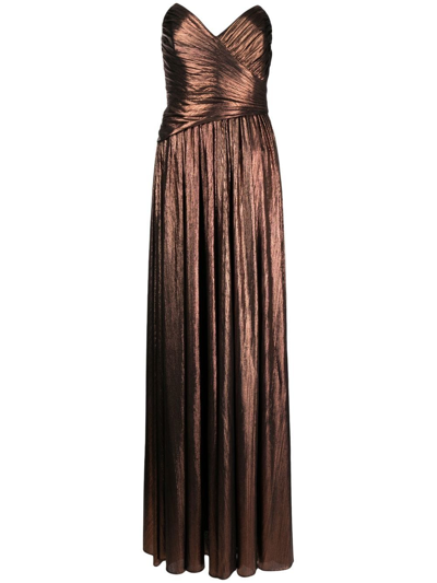 Retroféte Retrofete Waldorf Strapless Metallic Ruched Side-slit A-line Gown In Coffee Bean