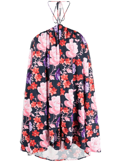 Magda Butrym Off-shoulder Asymmetric Floral Short Dress In Navy