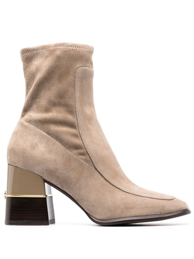 Tory Burch Logo-plaque 75mm Heeled Boots In Nude