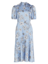 ml Monique Lhuillier Floral Short Puff-sleeve Midi Dress In Blue Opal Botanic