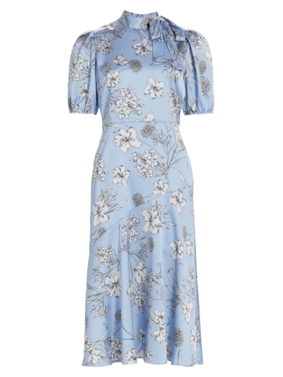 ml Monique Lhuillier Floral Short Puff-sleeve Midi Dress In Blue Opal Botanic