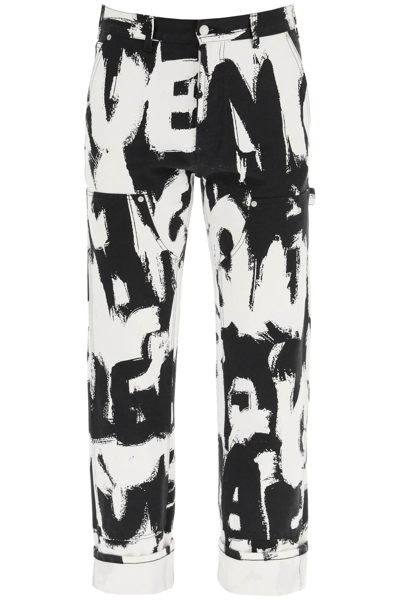 Alexander Mcqueen Mcqueen Graffiti Workwear Jeans In White Black