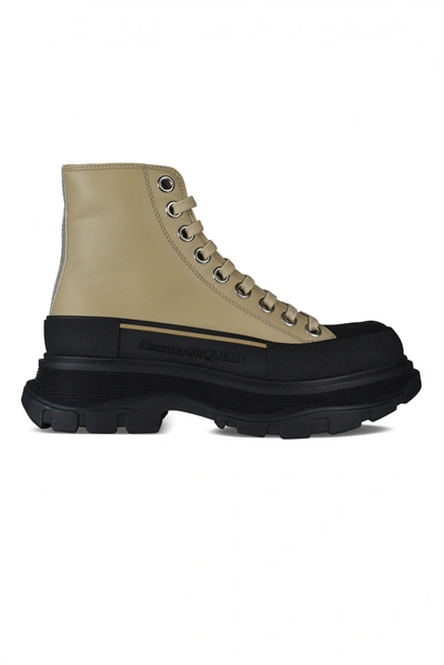 Alexander Mcqueen Luxury Boots For Women   Beige Leather Tread Slick High Chelsea Boots In #e5d2c4