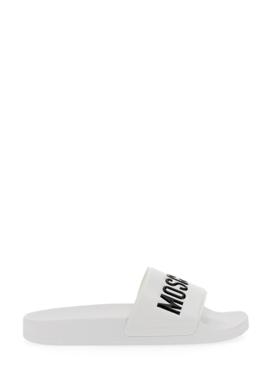 Moschino Men's Logo Rubber Pool Slides In White