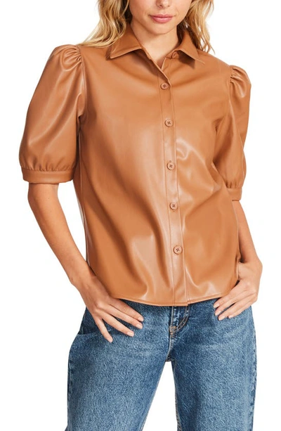 Steve Madden Pretty Sleeve Faux Leather Shirt In Caramel Caf
