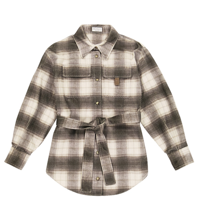 Brunello Cucinelli Kids' Embellished Checked Corduroy Shirt In Neutral Colored Tartan