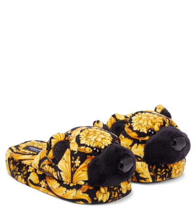 Versace Kids' Barocco Teddy Slippers In Nero+oro