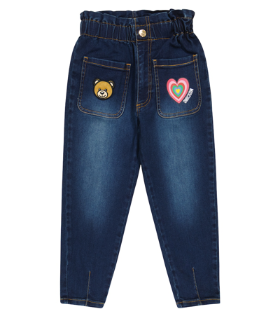 Moschino Kids' Appliquéd Paperbag Jeans In Blue