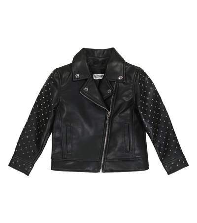 Moschino Kids' Crystal-embellished Faux Leather Biker Jacket In Black