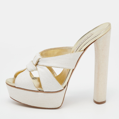 Pre-owned Casadei White/gold Woven Straw And Leather Platform Sandals Size 39