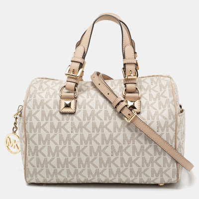 Pre-owned Michael Michael Kors White/beige Signature Coated Canvas And Leather Greyson Boston Bag