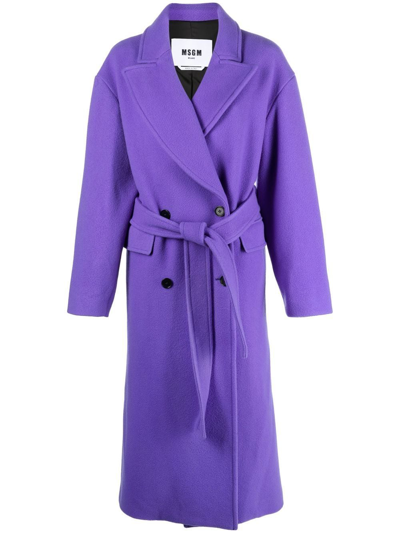 Msgm Double-breasted Belted Coat In Purple