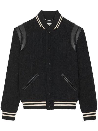 Saint Laurent Teddy Leather-trimmed Metallic Virgin Wool-blend Bomber Jacket In Noir