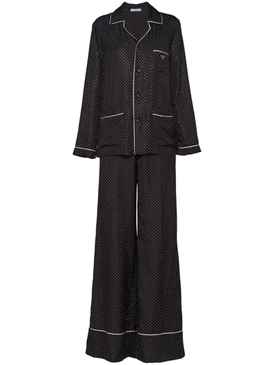 Prada Embroidered Twill Pajamas In Black