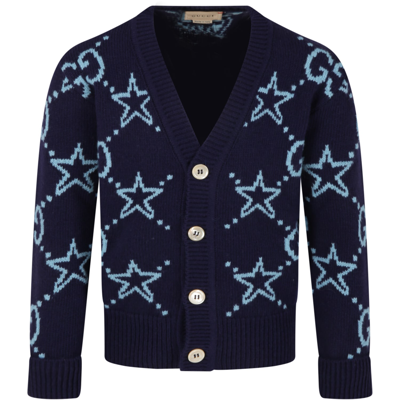 Gucci Blue Cardigan For Kids With Stars In Navy Baby Blue