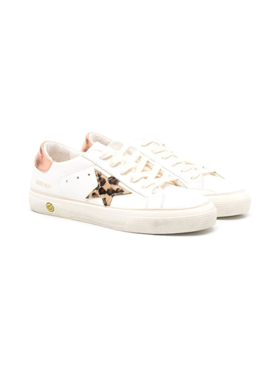 Golden Goose Kids' White Leather Superstar Sneakers In Leo/chocolate Brown