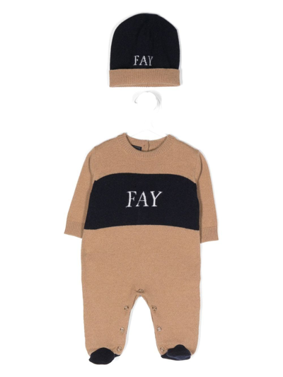 Fay Babies' Intarsia-logo Knitted Pajamas And Beanie Set In Neutrals