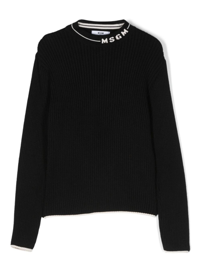 Msgm Teen Crew-neck Ribbed-knit Jumper In Black