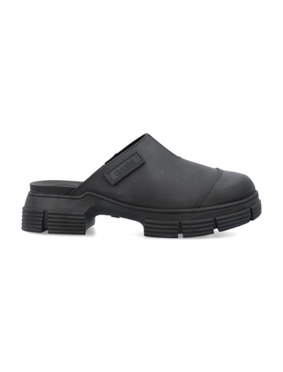 Ganni Logo-patch Recycled-rubber Sliders In Schwarz
