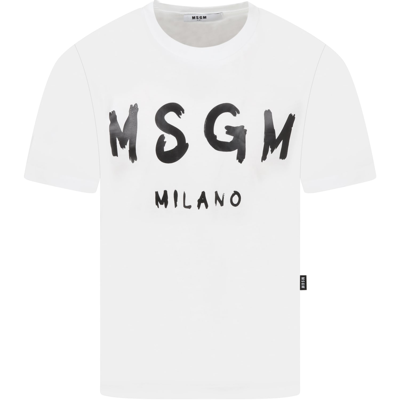 Msgm White T-shirt For Kids With Black Logo In Bianco