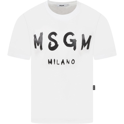Msgm White T-shirt For Kids With Black Logo In Crema
