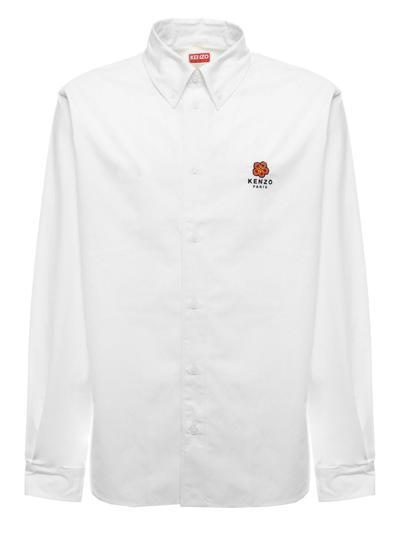 Kenzo White Cotton Poplin Shirt With Embroidered Crest Logo Man In Off White