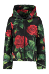 Dolce & Gabbana Multicolor Floral-print Short Down Jacket In Black/red