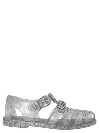 Moschino Glitter Embellished Jelly Logo Sandals In Silver