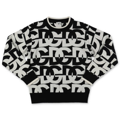 Dolce & Gabbana Kids' Pullover Bianco E Nero Logato In Pura Lana Vergine