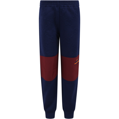 Gucci Kids' Blue Sweatpants For Boy With Logo And Iconic Gg In Deep Blue