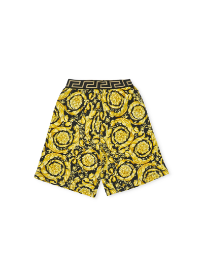 Young Versace Kids' Shorts Stampa Barocca In Felpa Di Cotone In Giallo