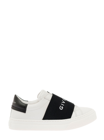 Givenchy White Sneakers In Leather With Conotrasting Logo Band Kids In Bianco