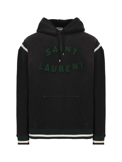 Saint Laurent Logo Detailed Drawstring Hoodie In Nero/multicolor