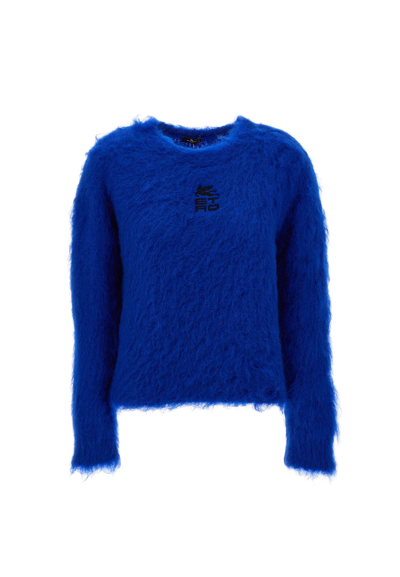 Etro Blue Mohair Jumper With Logo Embroidery In Navy