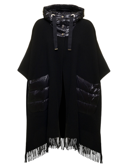 Herno Black Wool And Nylon Hooded Cape Woman In Nero