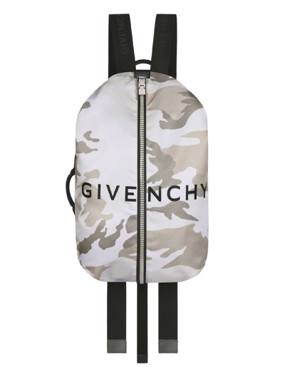 Givenchy Man Adjustable G-zip Nylon Backpack With Camouflage Print In Beige Brown
