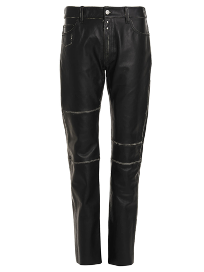 Mm6 Maison Margiela Vintage Effect Slim Cut Leather Pants In Black