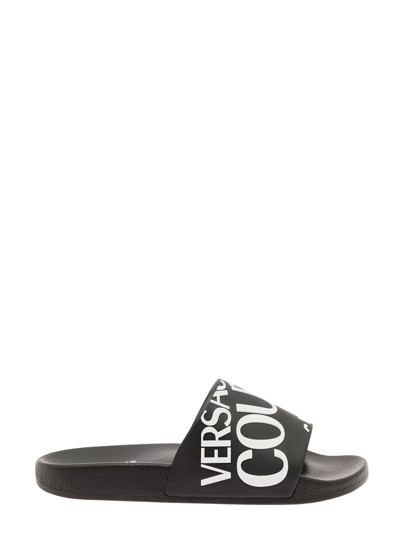 Versace Black Slide Sandals In Rubber With Contrasting Logo