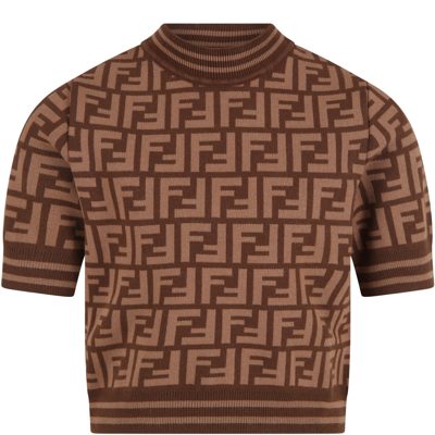 Fendi Kids' Brown Sweater For Girl With Double Ff Logo